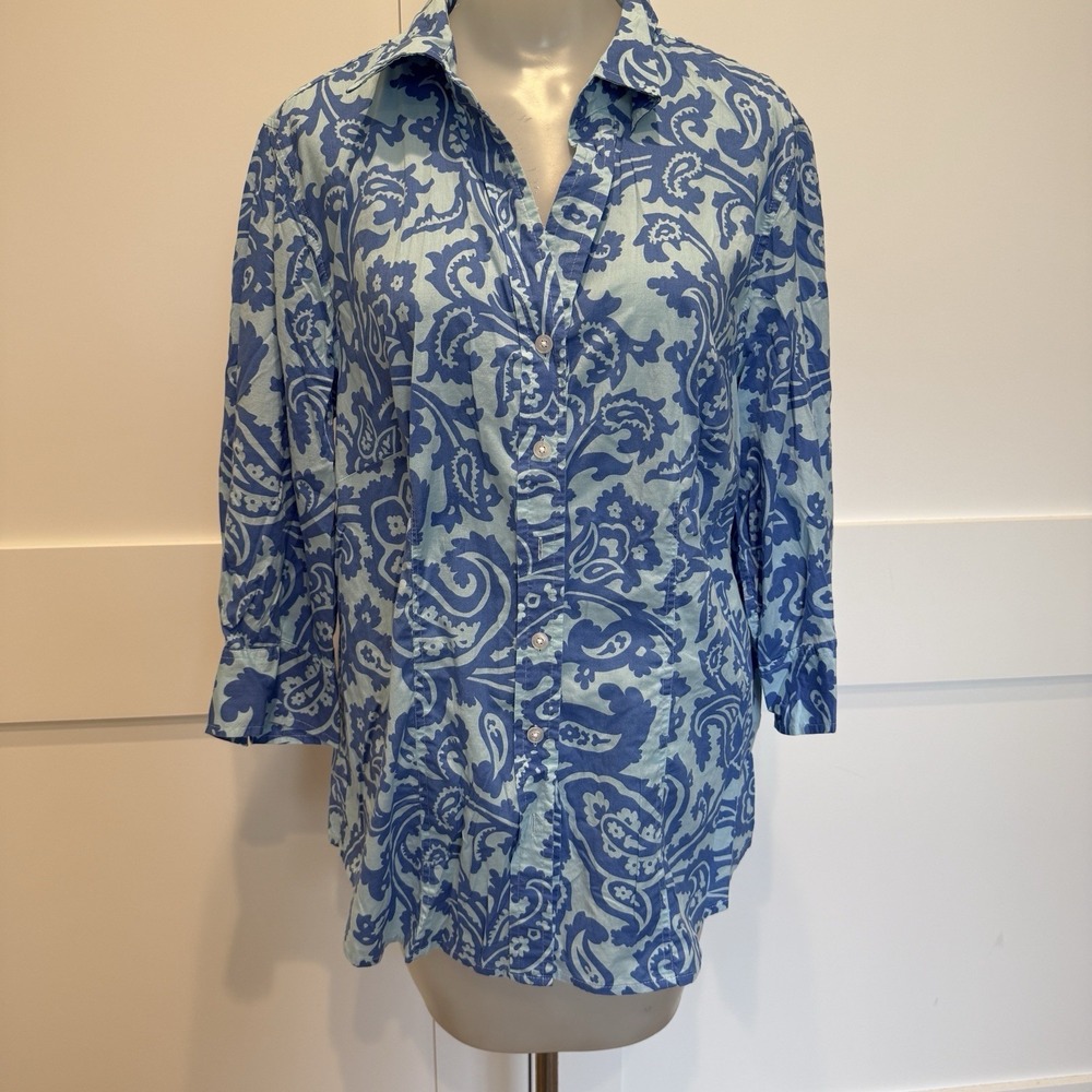 Talbots Woman Stretch Blue Paisley Lightweight Cotton Button Up Blouse Sz X